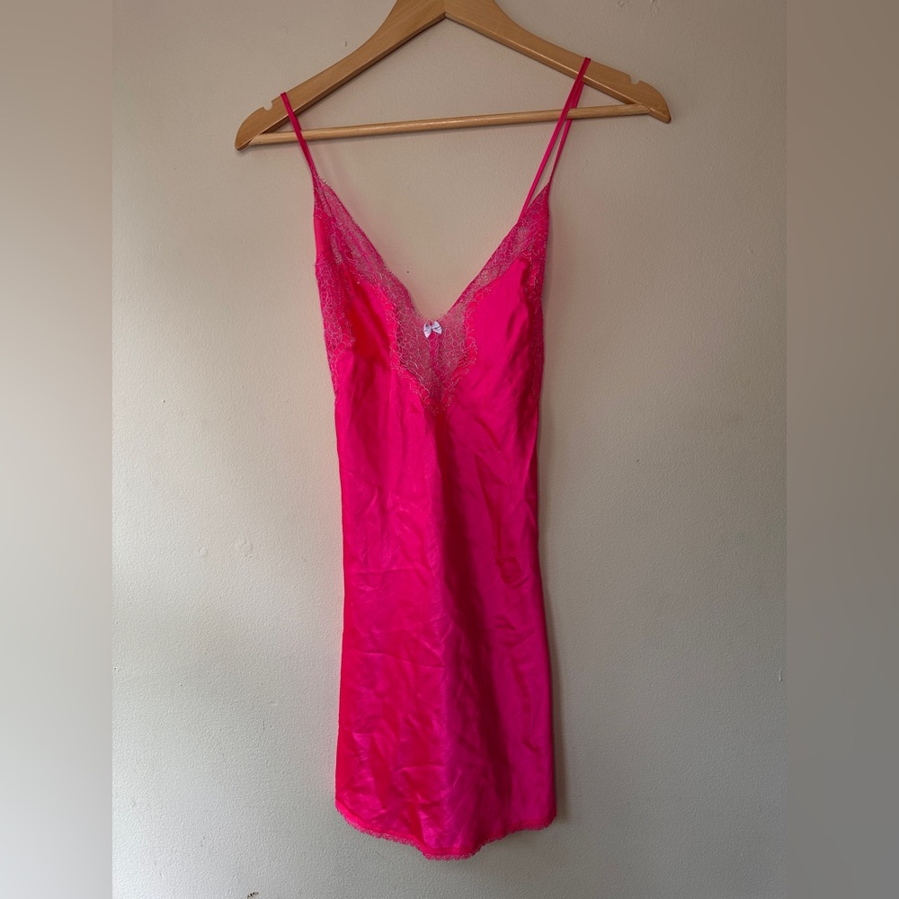 Victoria's Secret PINK Hot Pink Satin & Lace Chemise Slip Dress - Size M